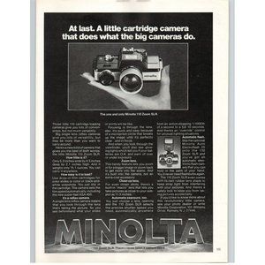 1977 Minolta 110 Zoom SLR Film Camera Vintage Print Ad Photography Art Decor